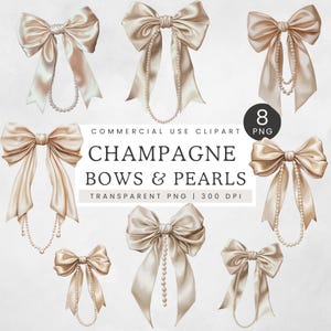 Bows and Pearls PNG, Neutral Coquette Bow with Pearls Clipart, Champagne Ribbon with Pearl Necklace Clip Art, Girly Coquette Aesthetics image 1