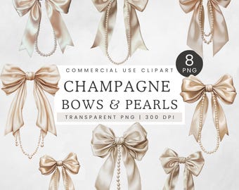 Lazos y perlas PNG, lazo neutro con perlas, cinta color champán con collar de perlas, estética femenina y coqueta