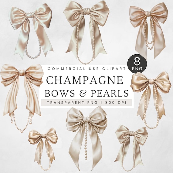 Bows and Pearls PNG, Neutral Coquette Bow with Pearls Clipart, Champagne Ribbon with Pearl Necklace Clip Art, Girly Coquette Aesthetics