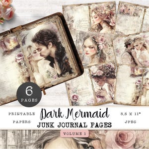 Dunkle Meerjungfrau Junk Journal Seiten, 6 Mythische Sirene Vintage Digital Printables, Pastel Gothic Collage Sheet, Papiermodell 11 x 8.5 JJPDM