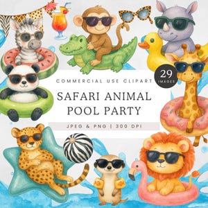 Safari Animal Pool Party Clipart, Summer Jungle Animals PNG & JPEG, Cute Pool Float Clip Art, Pool Ring Creatures, Animal Floaties PNG
