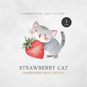 Imágenes prediseñadas de gato fresa, lindo gato acuarela con fresa, gato gris kawaii PNG, gráfico de gatito, imagen de gato fresa