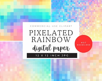 Pixelated Pastel Rainbow Background JPEG Pack | Digital Paper 12 x 12 Inch | Scrapbooking Junk Journal Social Media | Commercial Use