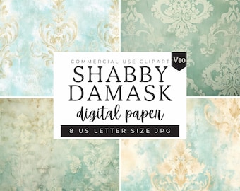 Damask Pattern Digital Paper, Teal & Beige Shabby Chic Distressed Texture Patterns, Scrapbooking Paper Decoupage Ephemera, Fleur De Lis