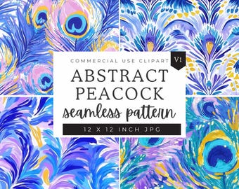 Peacock Digital Papers, Abstract Preppy Peacock Feather Seamless Patterns, Scrapbooking Paper Decoupage Ephemera, Royal Printable 12 x 12 in