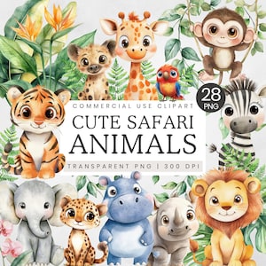 Shower de bébé thème Safari PNG, Clipart animaux de safari mignons, clipart aquarelle faune de bébé, safari dans la jungle, illustrations d'un anniversaire sauvage