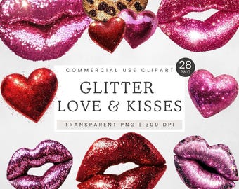 Pink Glitter Lips PNG, Valentine's Day Clipart, Faux Glitter Kissy Lips, Sparkly Hearts Clip Art, Leopard Print Glitter Love Heart PNG