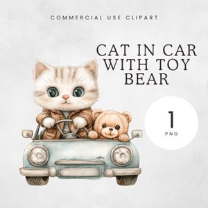 Gato no Carro com Urso de Brinquedo Clipart | Gatinho Fofo e Amigo | Decoração de Berçário | Chá de Bebê de Gênero Neutro | Ilustração PNG | Sublimação