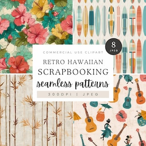Retro Hawaiian Seamless Pattern Bundle, Vintage Surfboards, Ukuleles & Hibiscus Scrapbook Paper, Tropical Digital Backgrounds