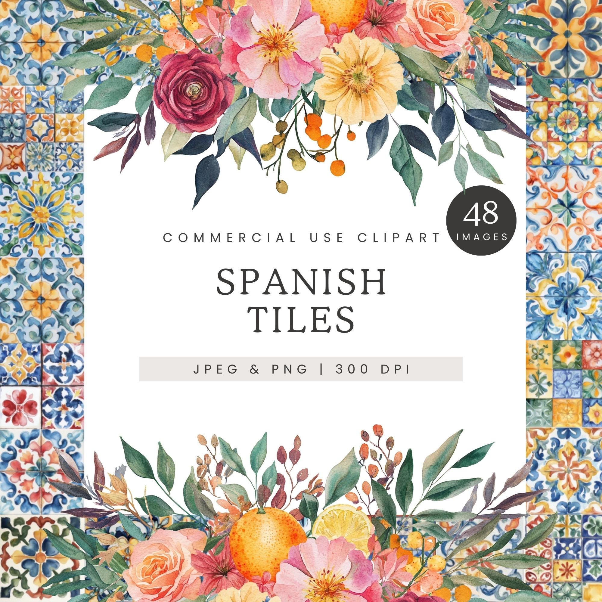 Spanish Patterned Border Spanish Tile Clipart, Watercolor Mediterranean Tiles & Borders Clip Art ...