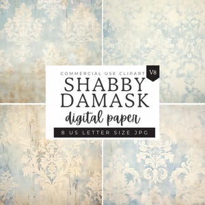 Damask Pattern Digital Paper, Pastel Blue Shabby Chic Distressed Texture Patterns, Scrapbooking Paper Decoupage Ephemera, Fleur De Lis