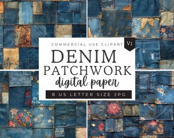 Denim Patchwork Junk Journal Papers | Decoupage Scrapbooking Patterns | Textile Mix Collage Sheets | Vintage Shabby Chic | 8.5 x 11 inch