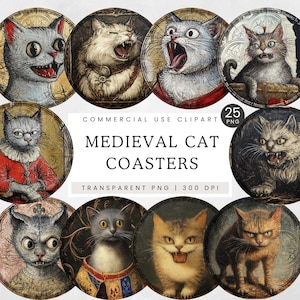 Lelijke middeleeuwse kattenonderzetters sublimatie png, eng rare historische katten clipart, grappige katten illustraties, onderzetterontwerp, kattenliefhebbers gag cadeau
