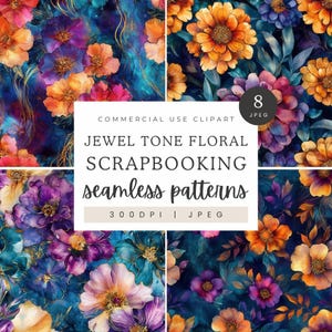 Jewel Tone Floral Seamless Pattern, Purple Gold Glitter Patterns Digital Paper, Metallic Flower Backgrounds, Dark Elegant Floral Patterns