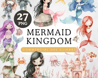 Meerjungfrau Thema Clipart | Mädchen Geburtstagsparty PNG | Unterwasserreich | Niedliche Meerjungfrauen für Junk Journal | Pastell Aquarell Bundle