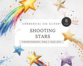 Shooting Star Clipart, Watercolor Rainbow Glitter Star Clip Art, Magic Star PNG, Nursery Art Design, Shining Star Graphics, Commercial Use
