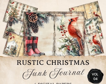 Rustic Christmas Junk Journal Pages, 6 Farmhouse Xmas Vintage Digital Printables, Seasonal Collage Sheet, Paper Craft 11 x 8.5 JJ029