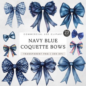 Navy Bows Clipart, Estilo Coquette Aquarela PNG, Preppy Grandmillennial Chic Clip Art, Fitas de Seda Femininas Fofas, Papel de Embrulho de Renda, Berçário