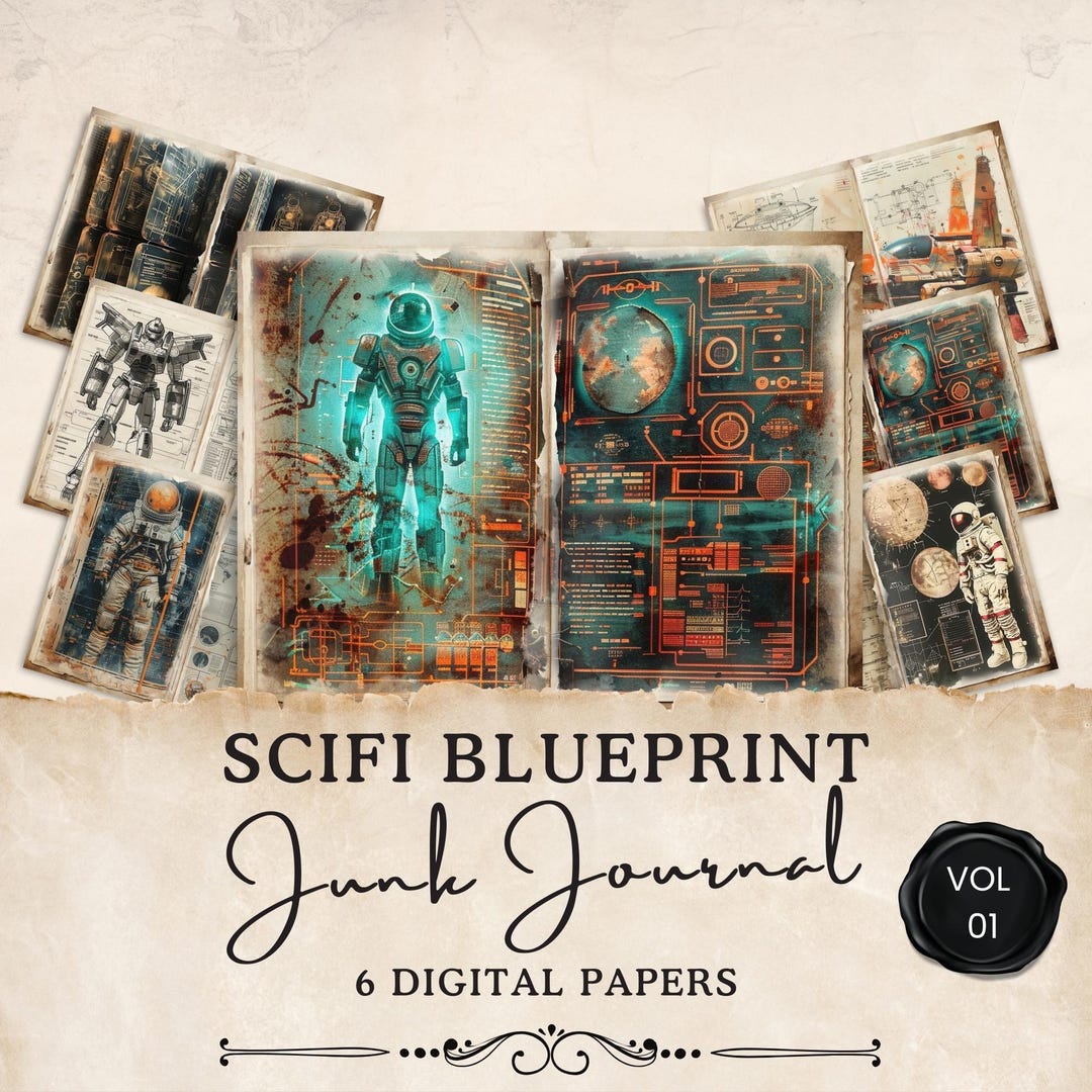 Retro Scifi Junk Journal Pages | 6 Blueprint Digital Pages | Gadgets ...