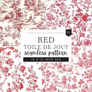 Rood digitaal toile de jouy-papier, naadloos vintage papier met bloemmotief, ontwerp in chinoiseriestijl, rode en witte achtergrond