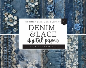 Denim and Lace Junk Journal Papers | Decoupage Scrapbooking Patterns | Textile Mix Collage Sheets | Vintage Lace  Shabby Chic | 11 x 11 inch