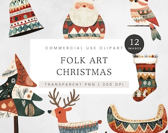 Folk Art Christmas Clipart, Scandinavian Holiday PNGs, Cute Nordic Xmas Elements, Winter Santa Clip Art, Boho Patterned Christmas