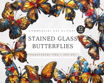 Stained Glass Butterfly Clipart, Insect Colored Glass PNG, Coaster Designs Sublimation, Decor and Invitations, Christmas Ornament, Clip Art