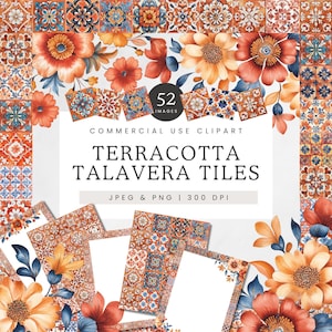 Terracotta Mexican Talavera Clip Art, Watercolor Talavera Tile Clipart, Folk Art Tiles PNG, Fiesta Frames Image, Tile Design for Invitations
