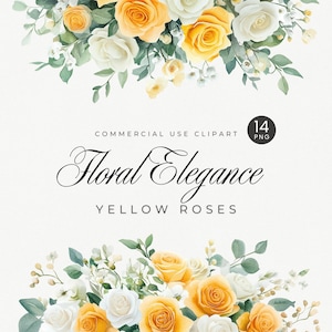 Clipart de acuarela de rosa amarilla / Flores para bodas y novias / Flores doradas y crema con eucalipto / Ramos, bordes, coronas Clip Art
