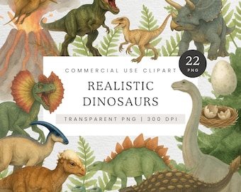 Realistic Dinosaur PNG, Watercolor Realistic Dinosaur Clip Art, T-Rex Clipart, Jurassic Dino Wall Art Graphics, Prehistoric Scenery Images