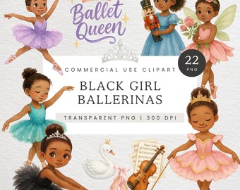Little Black Girls Ballerina Clipart, Watercolor Cute Swan and Ballerina Clip Art, African American Ballerina Ballet PNG, Ballet Shoes Image