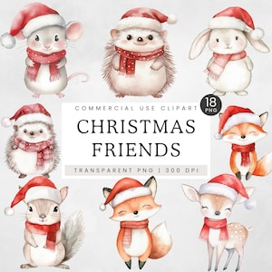 Aquarell niedliche Waldtiere Weihnachten Clipart Download, Ferienzeit, festliche Clip Art, Waldfreunde, kommerzielle Nutzung, Weihnachtsmütze