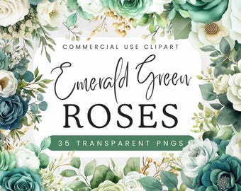 Emerald Green Roses PNG | Wedding & Bridal Watercolor Floral Clipart | Light Green Cream Roses with Eucalyptus | Bouquets, Borders, Frames