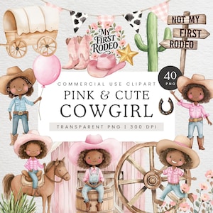 Cowgirl Baby Shower Clipart, clipart cow-girl mignonne, vache rose PNG PNG, premier graphique d'anniversaire de rodéo, anniversaire de cow-boy western sauvage CPC01