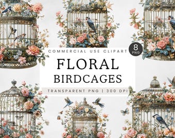 Clipart di gabbia per uccelli ad acquerello, clipart shabby chic, diario vittoriano floreale in formato PNG, fiori, uccelli, immagine digitale di gabbia per uccelli antica