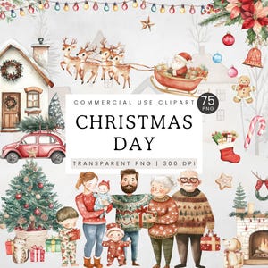 Uroczy świąteczny dzień clipart, akwarela Xmas Santa Claus PNG, słodki rodzinny świąteczny clipart, ilustracja graficzna do przedszkola, projekt cyfrowy