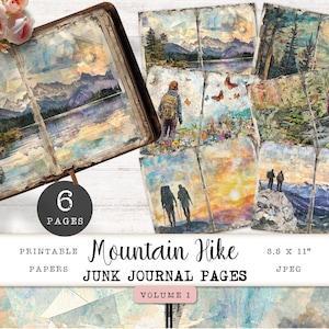 Páginas de diário de caminhada, 6 papéis digitais imprimíveis para caminhadas na montanha, folha de colagem de natureza vintage, papel artesanal 11 x 8,5 JJPH