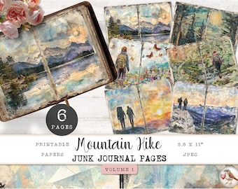 Hiking Junk Journal Pages, 6 Mountain Hike Printable Digital Papers, Vintage Nature Collage Sheet, Paper Craft 11 x 8.5 JJPH