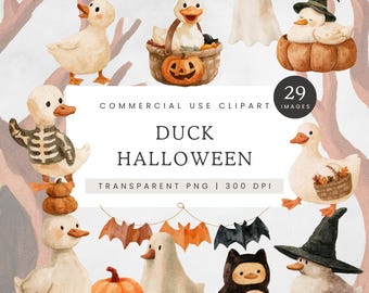 Duck Halloween Clipart, Cute Halloween Ducks PNG, Watercolor Ghost Witch Ducklings, Pumpkin Duck Clip Art