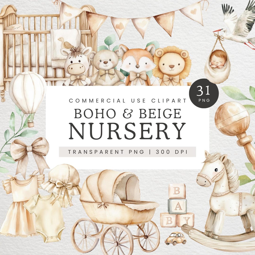 Beige Nursery Clipart, Boho Baby Nursery Decor Clip Art, Neutral Baby ...