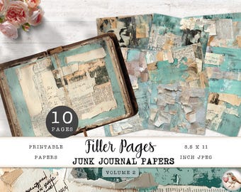 Filler Pages for Junk Journal, Teal Collage Papers, 10 Digital Texture Grunge Sheets, Shabby Newspaper Masterboard, 11 x 8.5 JJPFP