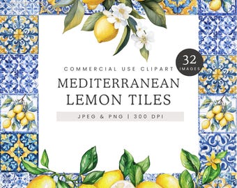 Clipart mediterrane tegels, illustraties citroentegel, Portugese tegel png, azulejotegels met afbeelding citroenen, amalfitegels met citroen citrus, png