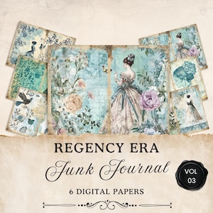 Pagine di diario di scarto dell'era Regency, 6 fogli digitali stampabili di Jane Austen, foglio di collage floreale, effimeri, artigianato di carta, 11 x 8,5, JJ024