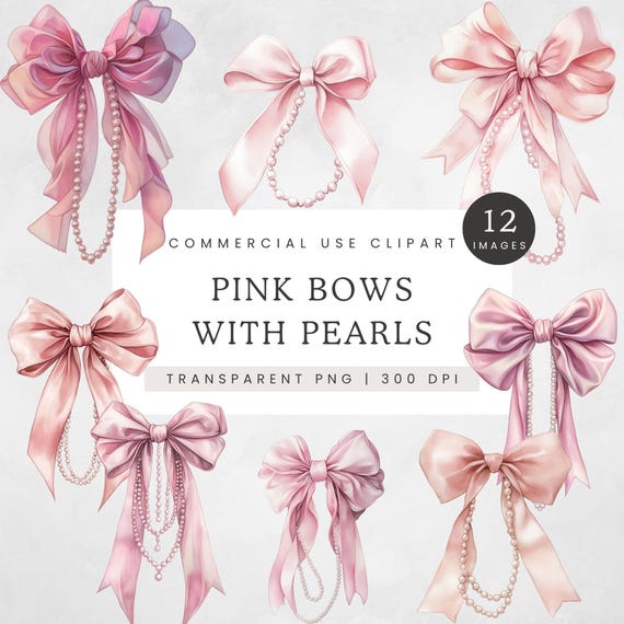 Bows and Pearls PNG, Pink Coquette Bow with Pearls Clipart, Blush Ribbon with Pearl Necklace Clip Art, Girly Coquette Aesthetics