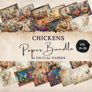 Chicken Junk Journal Printable Papers Bundle | 30 Digital Pages | Floral Collage Sheet | Printable Ephemera | Paper Craft | 11 x 8.5 | JJ025
