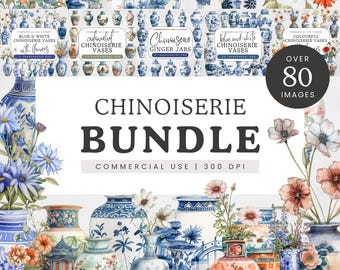 Chinoiserie Vase Clipart Bundle, Watercolor Chinoiserie Ginger Jar Clip Art, Home Decor Graphics, Vases with Flowers PNG, Blue & White
