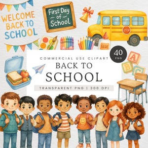 Clipart di ritorno a scuola, clipart scolastiche ad acquerello, materiale scolastico in formato PNG, grafica didattica, bambino con zaino in formato PNG, cartello di bentornato