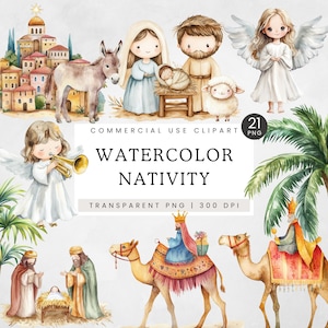 Clipart carino della natività, clipart della scena della natività di Natale ad acquerello, illustrazione della nascita di Gesù, tre re, vergine Maria, personaggi della Bibbia PNG