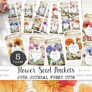 Blumensamen-Paket Junk Journal Fussy Schnitte, Vintage Blumen Ephemera, Gartenarbeit Scrapbooking Karten, druckbare Retro Cottagecore Thema Karten