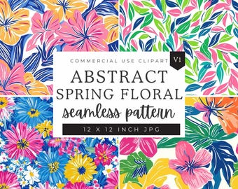 Preppy Floral Digital Paper, Abstract Bright Floral Seamless Patterns, Scrapbooking Paper Decoupage Ephemera, Digital Printable 12 inch